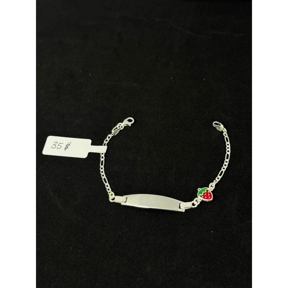 Sterling Silver Kids ID Bracelet 6 Inch Figaro Chain Strawberry Charm 925 4g